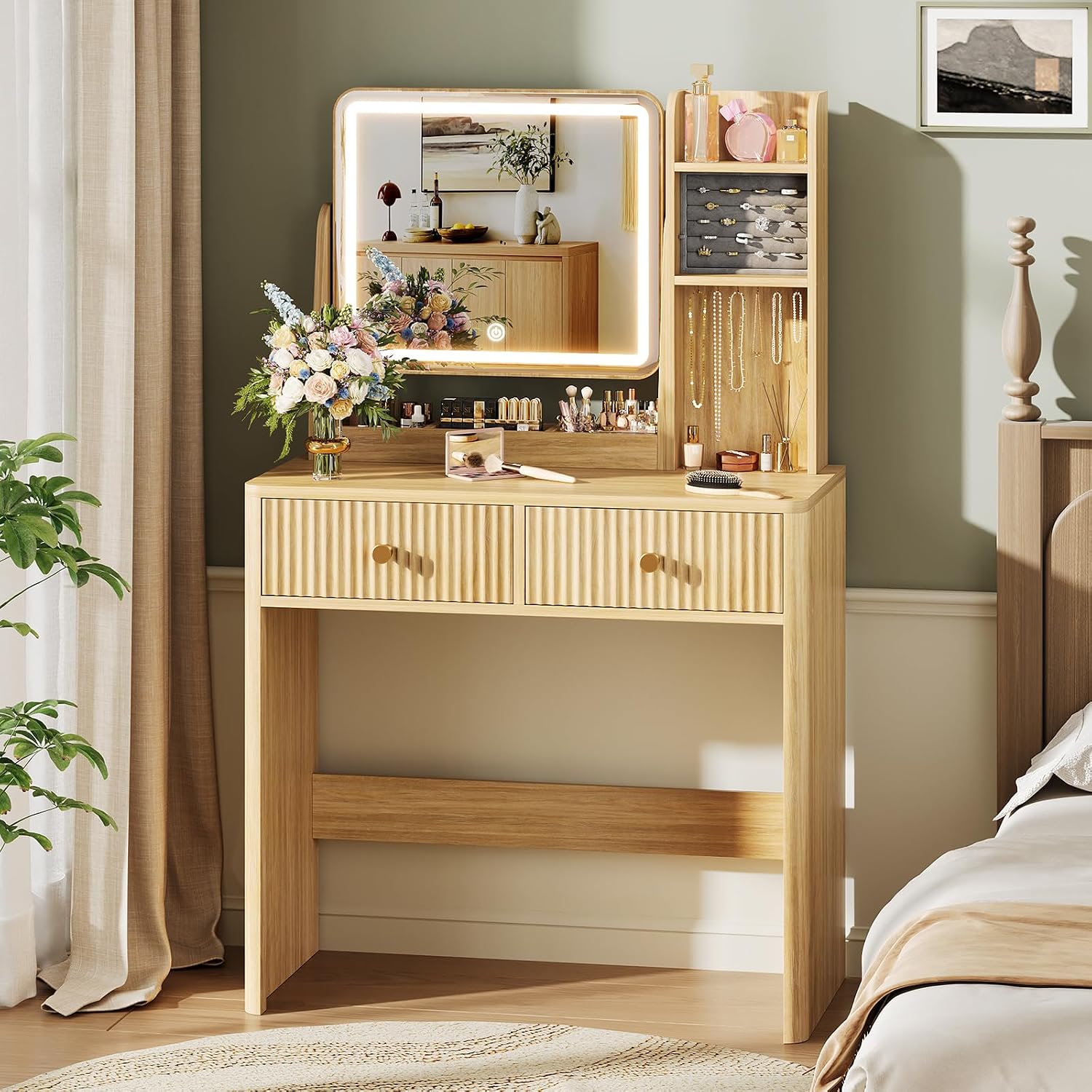 Desk Drawer Small - Gevlokte kaptafel met spiegel en verlichting,