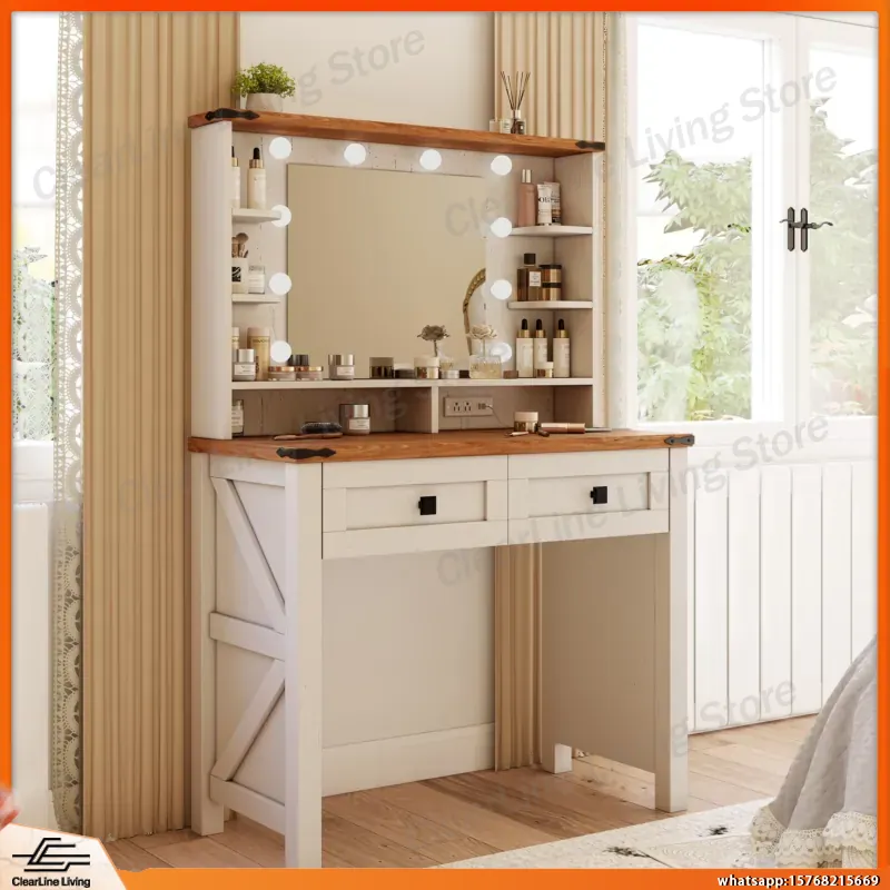 Desk Drawer Small - Klein houten kaptafel met spiegel, LED-verlichting,