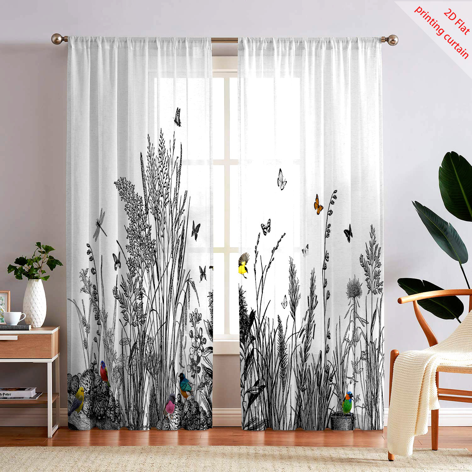 Home Office Windows - Plantenbedrukt transparant schermgordijn voor thuis, decoratieve